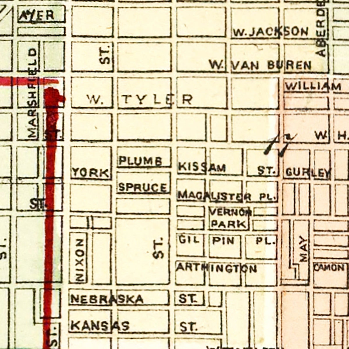 Restored historic details from the 1872 city map of Chicago, Illinois