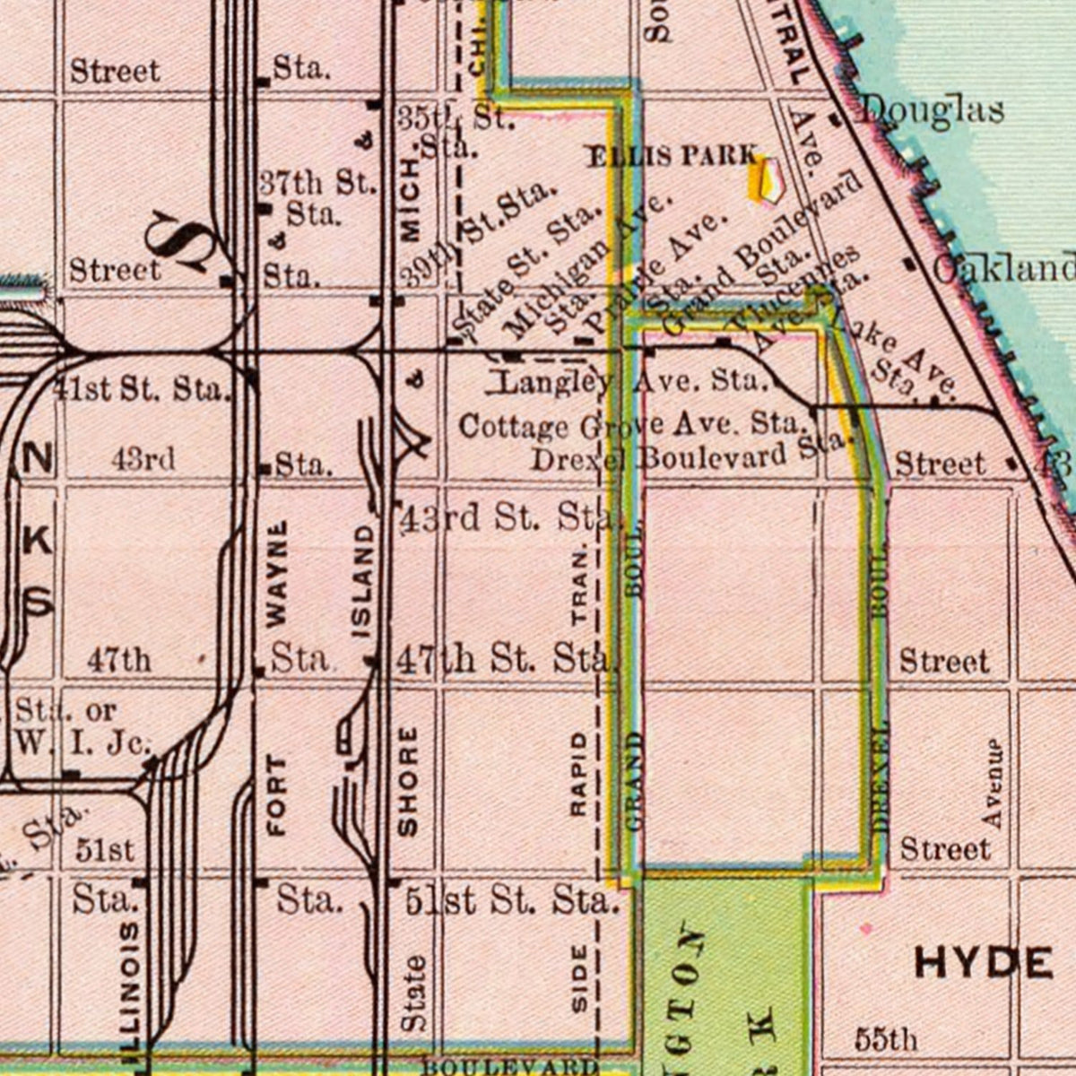 Restored historic details from the 1897 city map of Chicago, Illinois