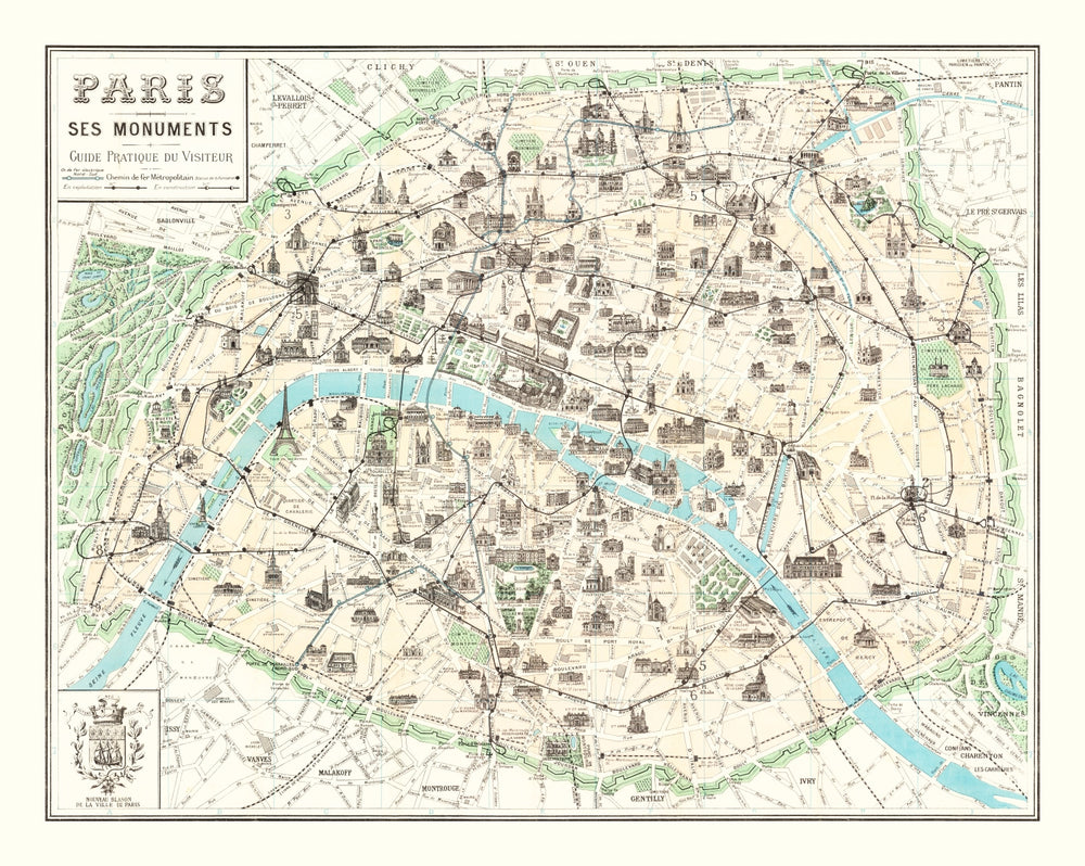 Vintage Map of Paris, France 1905 print style example