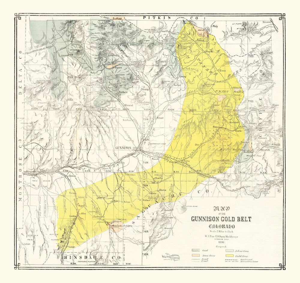 Vintage Map of the Gunnison Gold Belt in Colorado 1896 print style example