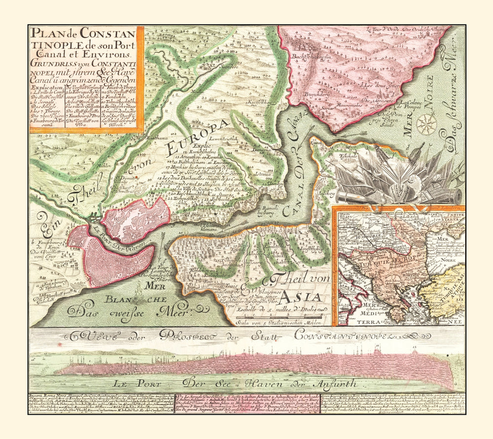 Vintage Map of Istanbul, Turkey 1740 print style example