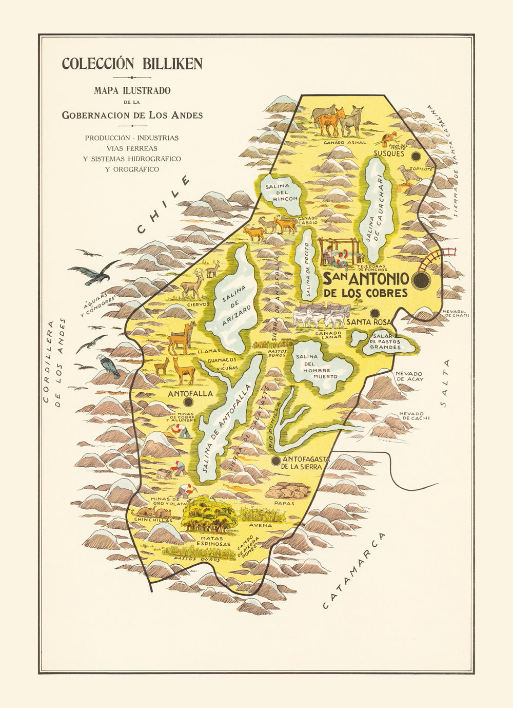 Vintage Map of Andes Mountains, 1933 print style example