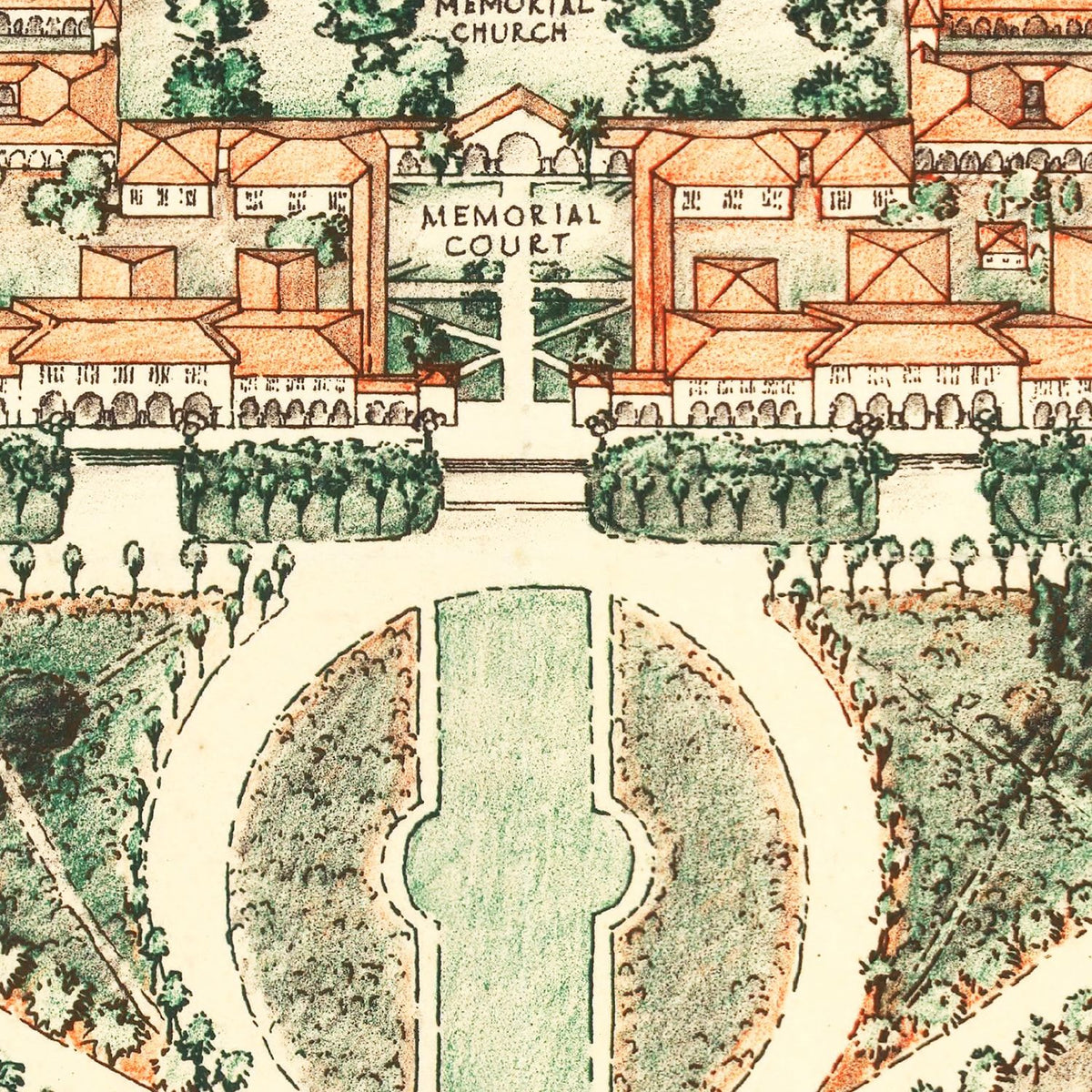 Restored historic details from the 1934 university map of Stanford, California