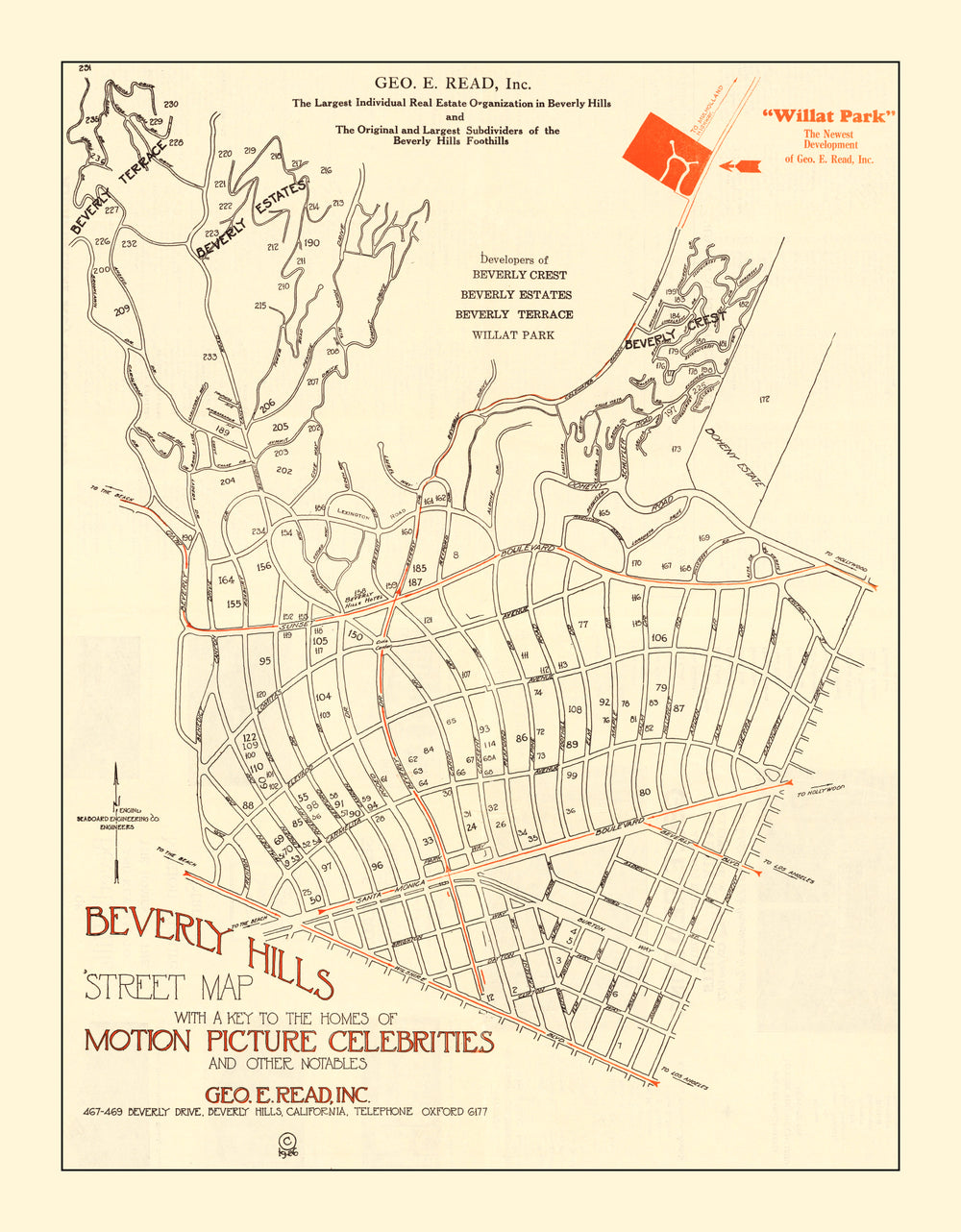 Vintage Beverly Hills, CA Street Map 1926 print style example