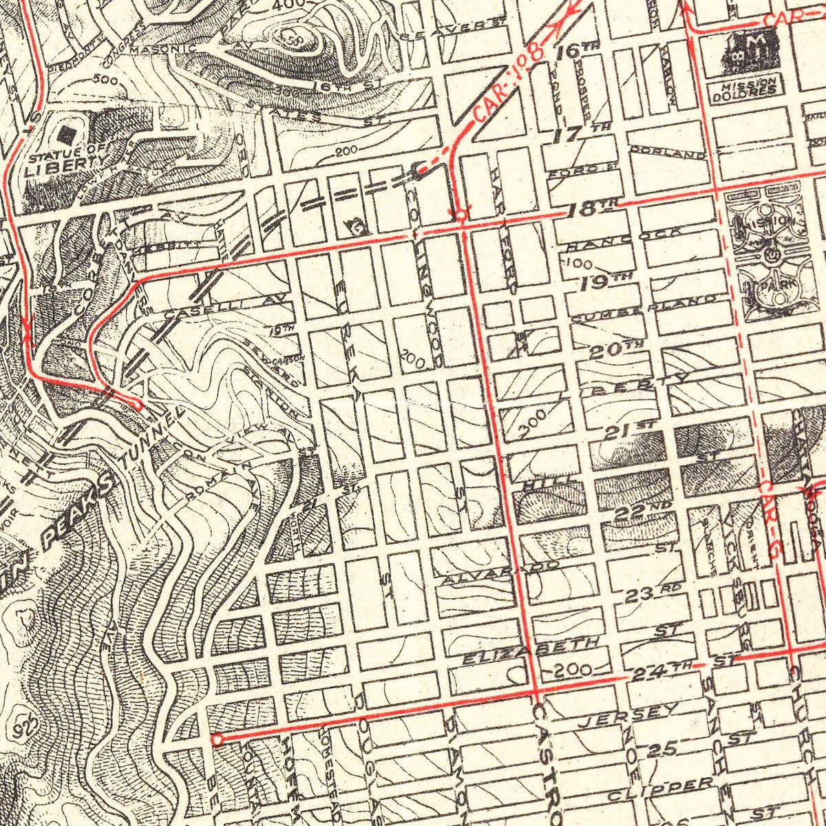 Restored historic details from the 1915 city map of San Francisco, California