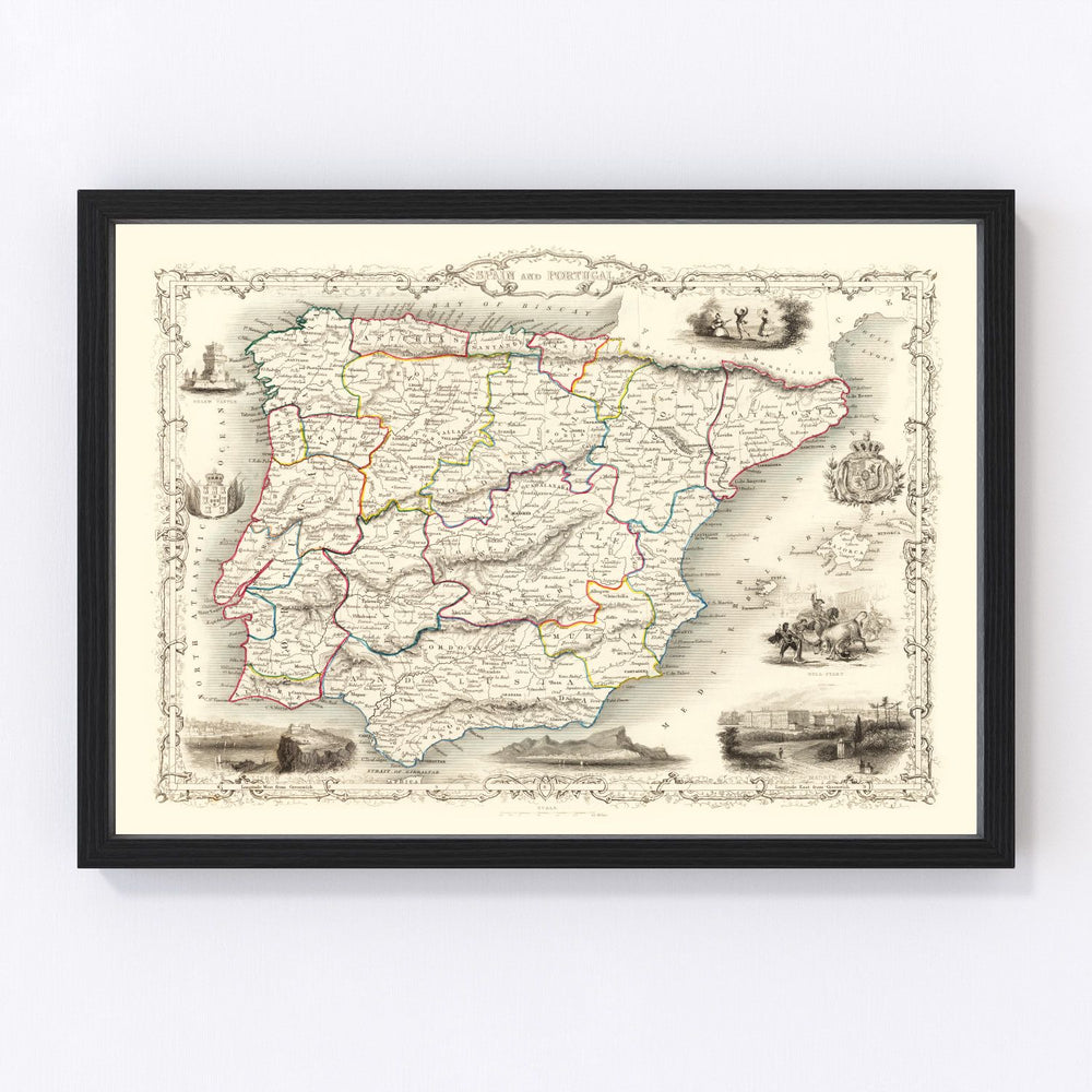 Portugal, Spain Vintage Map 1851