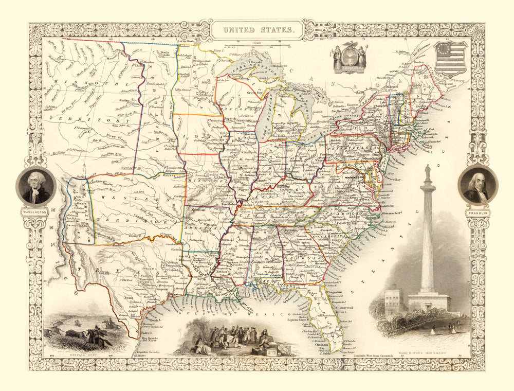 Vintage Map of United States 1851 print style example