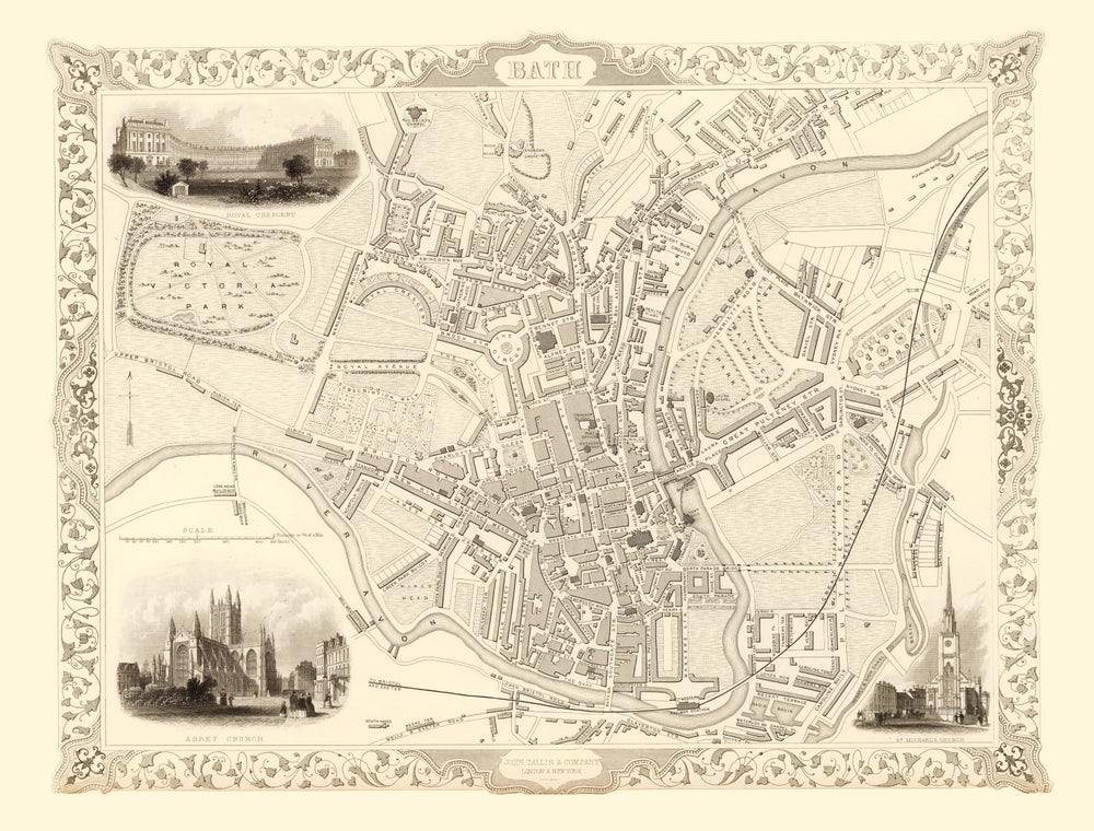 Vintage Map of Bath, United Kingdom 1851 print style example