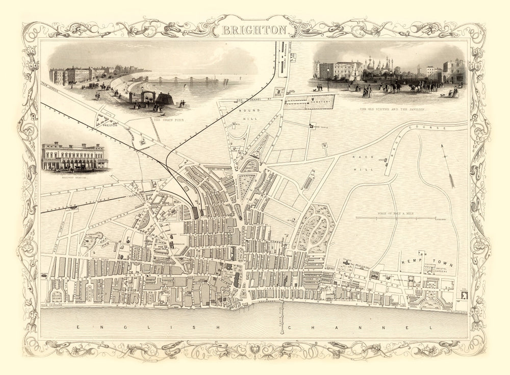 Vintage Map of Brighton, United Kingdom 1851 print style example