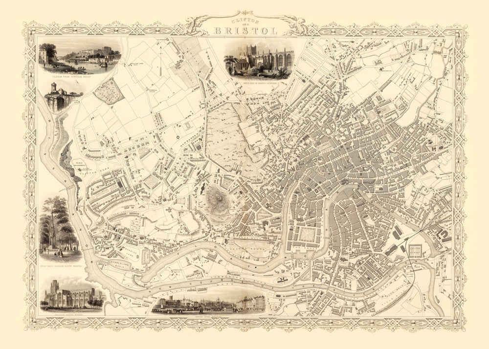 Vintage Map of Bristol & Clifton, United Kingdom 1851 print style example
