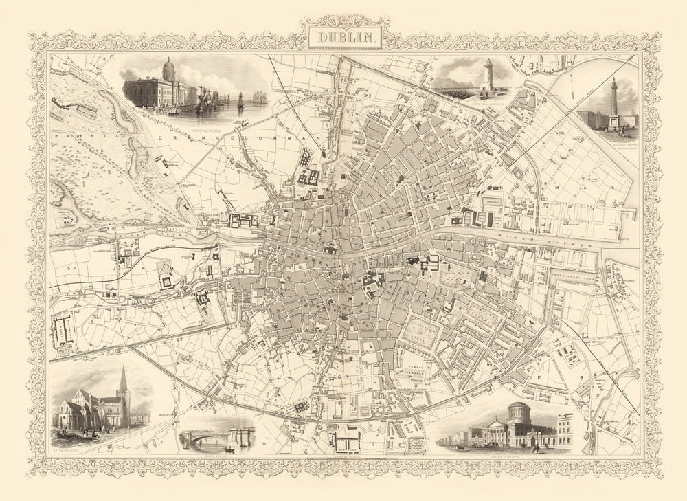 Vintage Map of Dublin, Ireland 1851 print style example