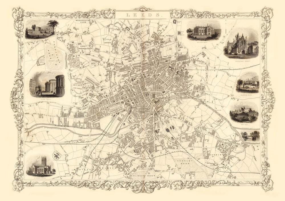 Vintage Map of Leeds, United Kingdom 1851 print style example