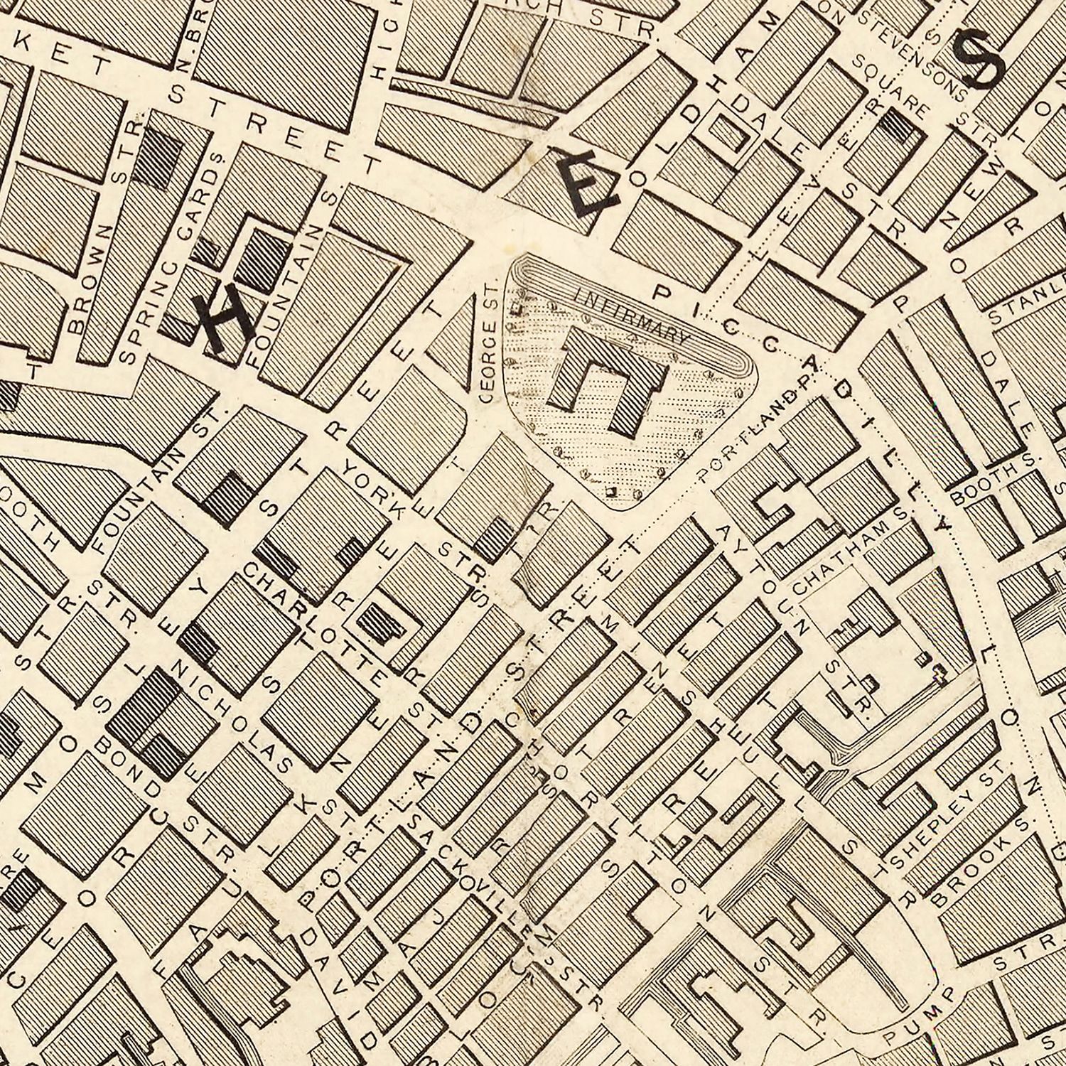 Restored historic details from the 1851 city map of Manchester