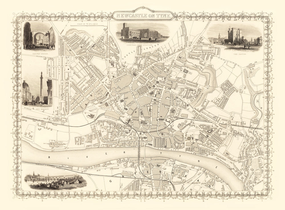 Vintage Map of Newcastle on Tyne, United Kingdom 1851 print style example