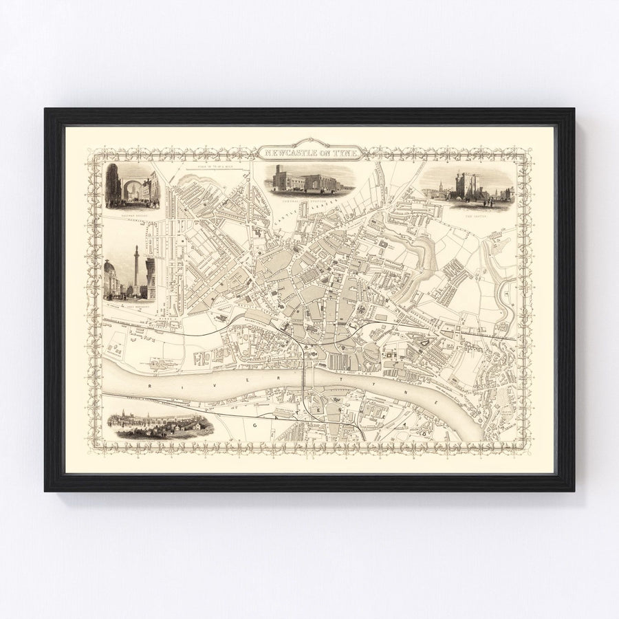 Vintage Map of Newcastle on Tyne, United Kingdom 1851