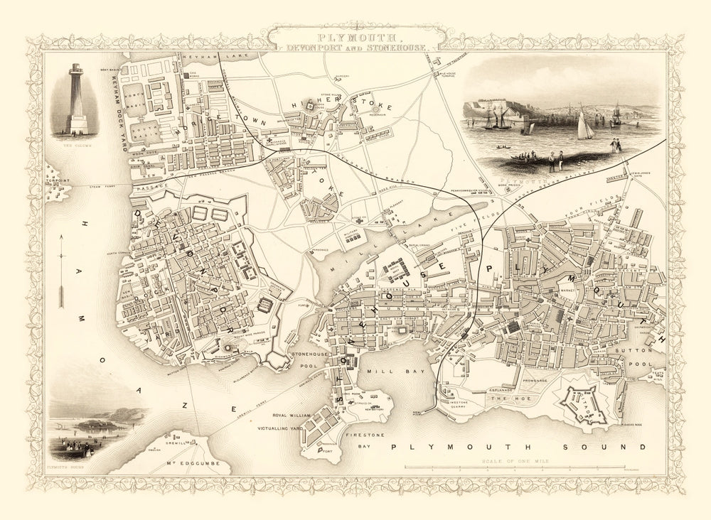 Vintage Map of Plymouth, United Kingdom 1851 print style example