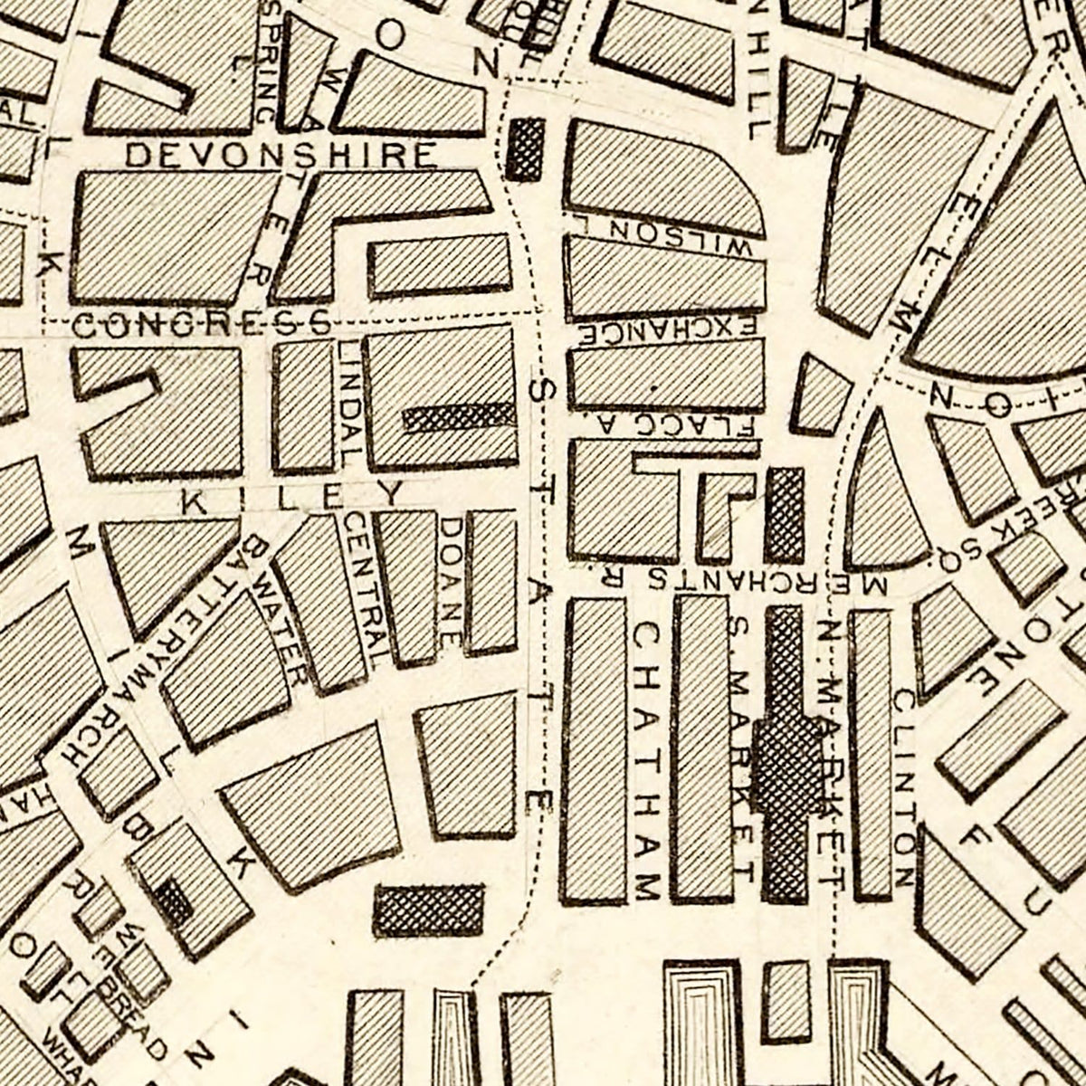 Restored historic details from the 1851 city map of Boston, Massachusetts