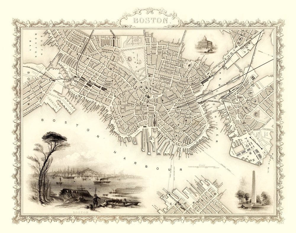 Vintage Map of Boston, Massachusetts 1851 print style example