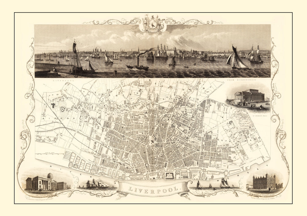 Vintage Map of Liverpool, United Kingdom 1851 print style example