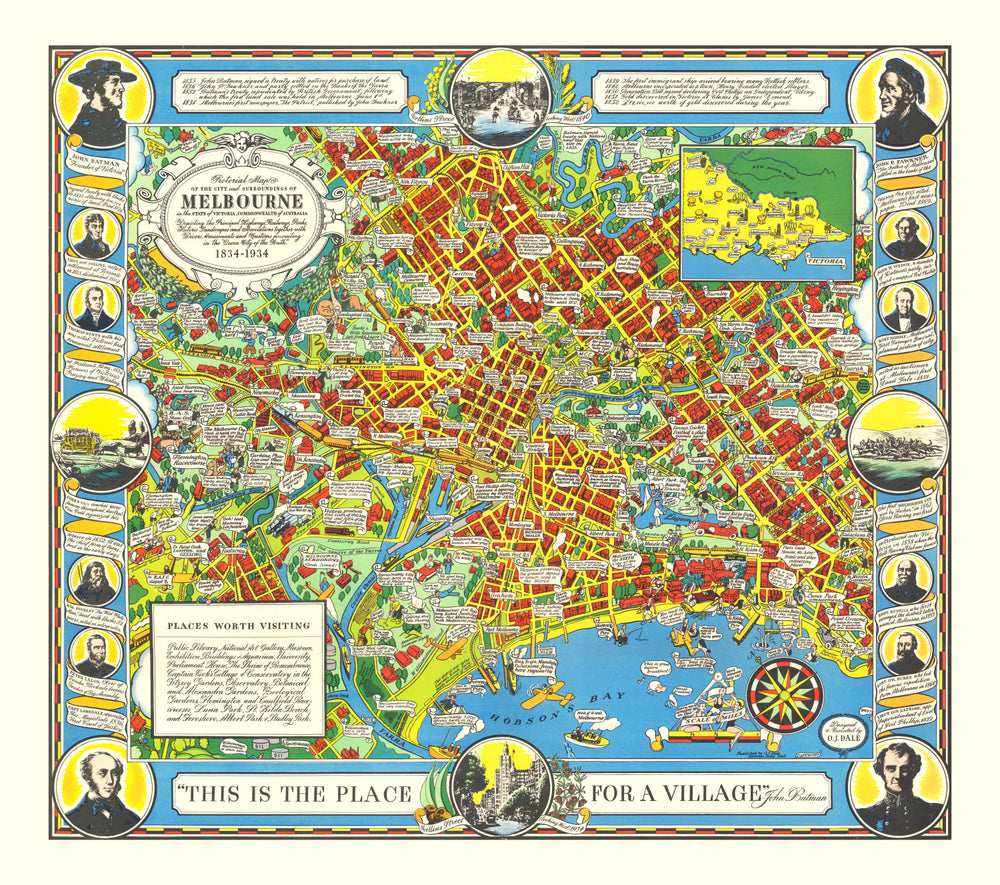 Vintage Map of Melbourne, Australia 1934 print style example