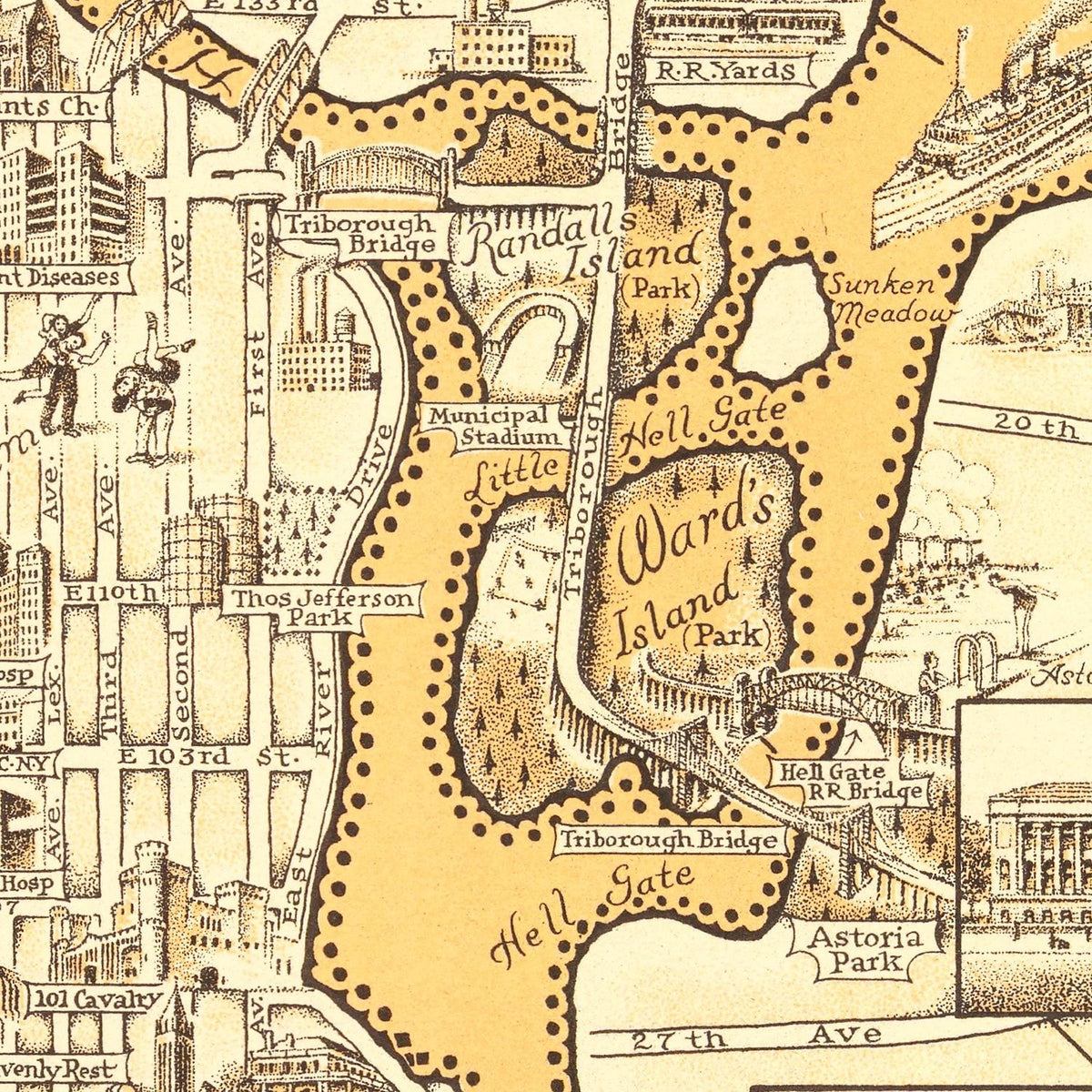 Restored historic details from the 1939 city map of Manhattan, New York