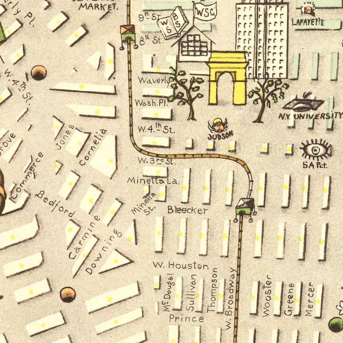 Restored historic details from the 1927 city map of Manhattan, New York