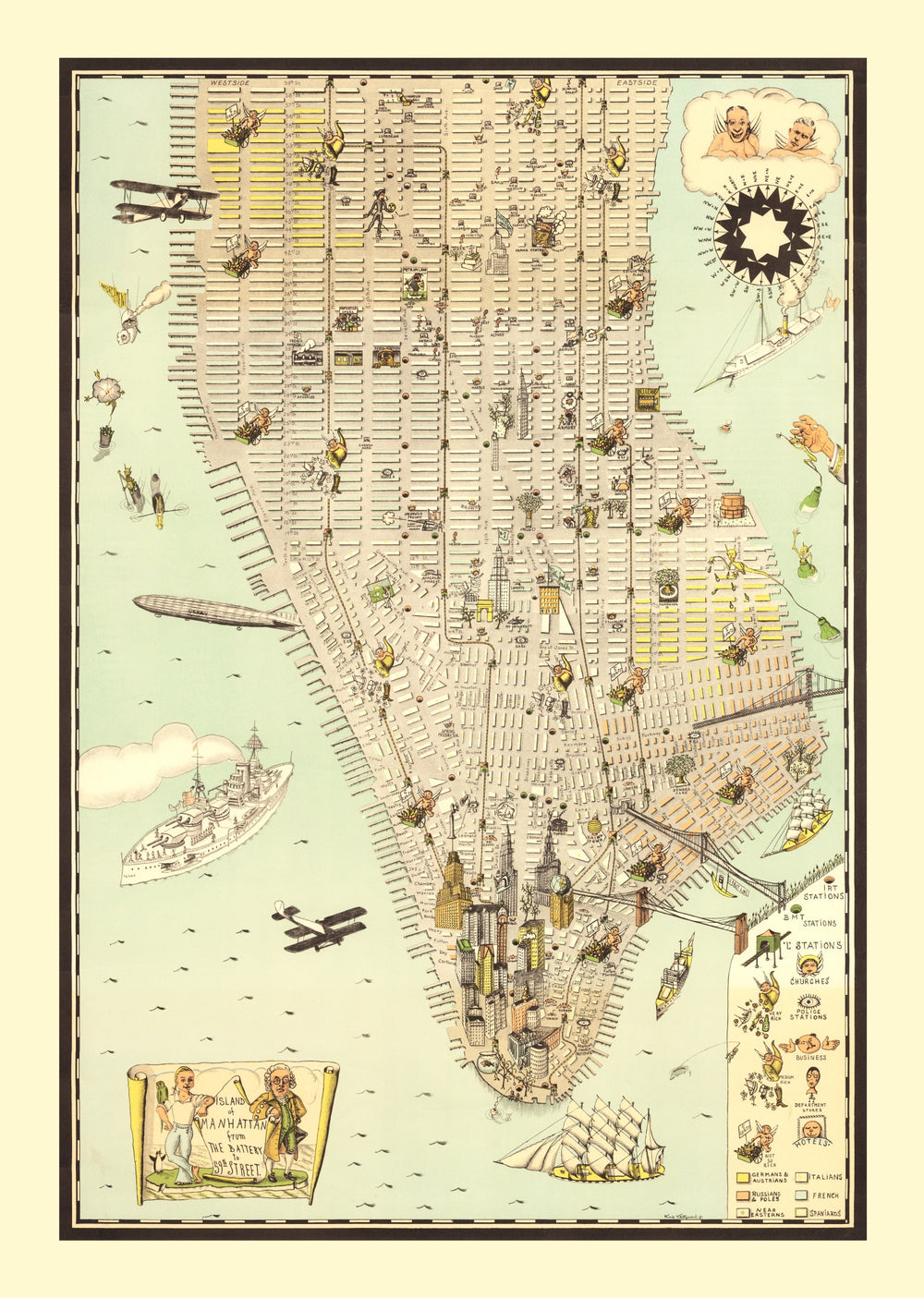 Vintage Map of Manhattan, New York 1927 print style example