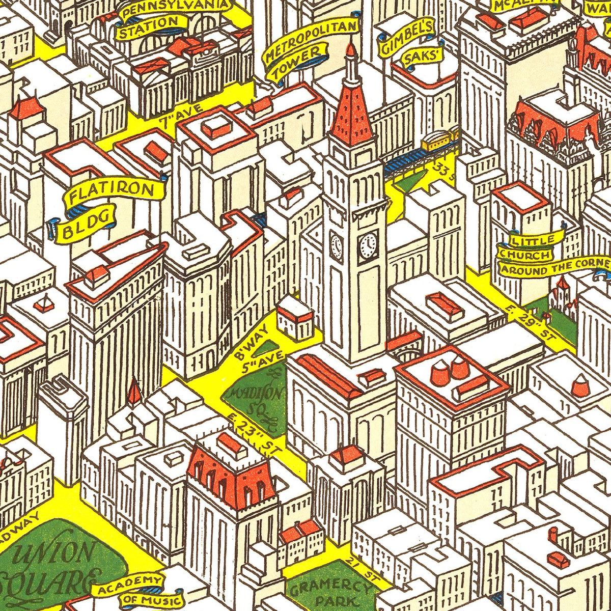 Restored historic details from the 1926 city map of Manhattan, New York