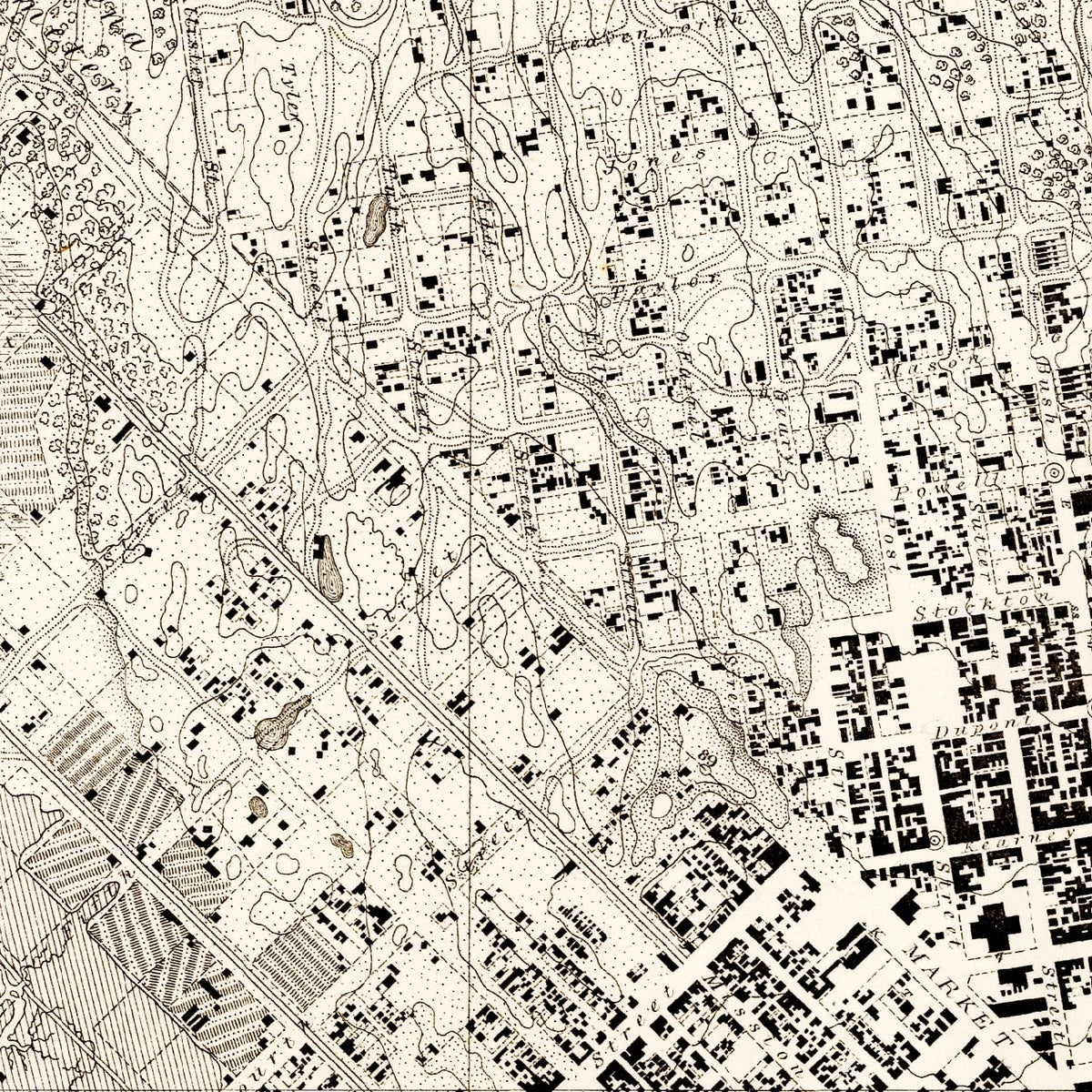 Restored historic details from the 1857 city map of San Francisco, California