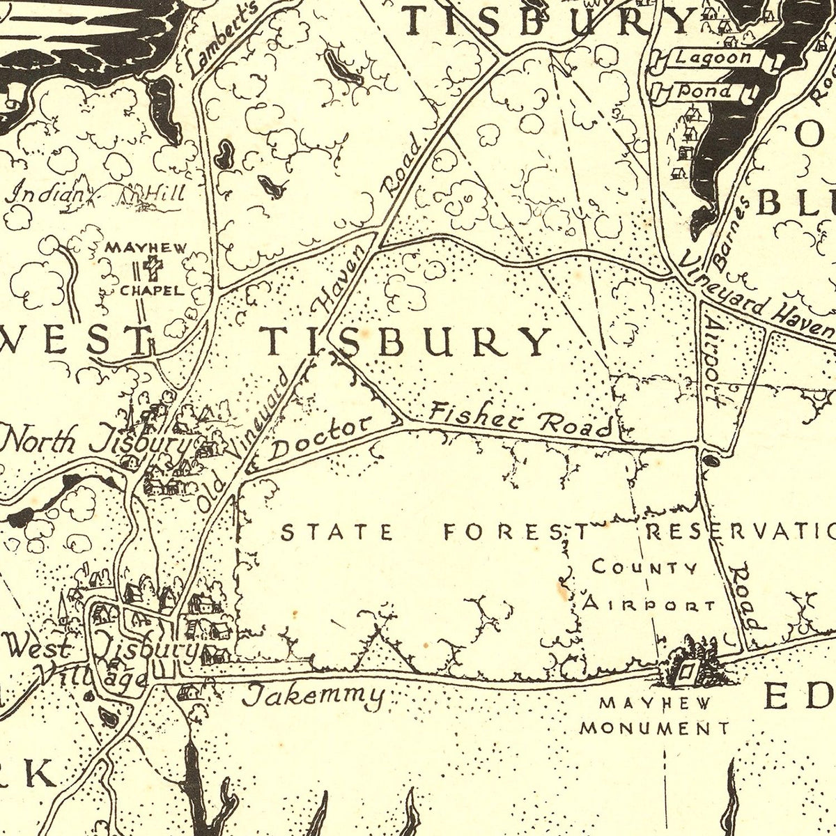 Restored historic details from the 1954 region map of Dukes County, Massachusetts
