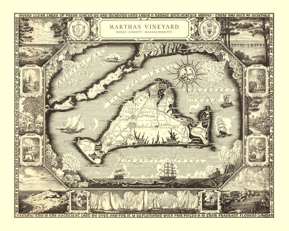 Vintage Map of Martha's Vineyard, MA 1954 print style example