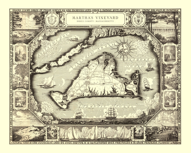 Size comparison using Vintage Map of Martha's Vineyard, MA 1954