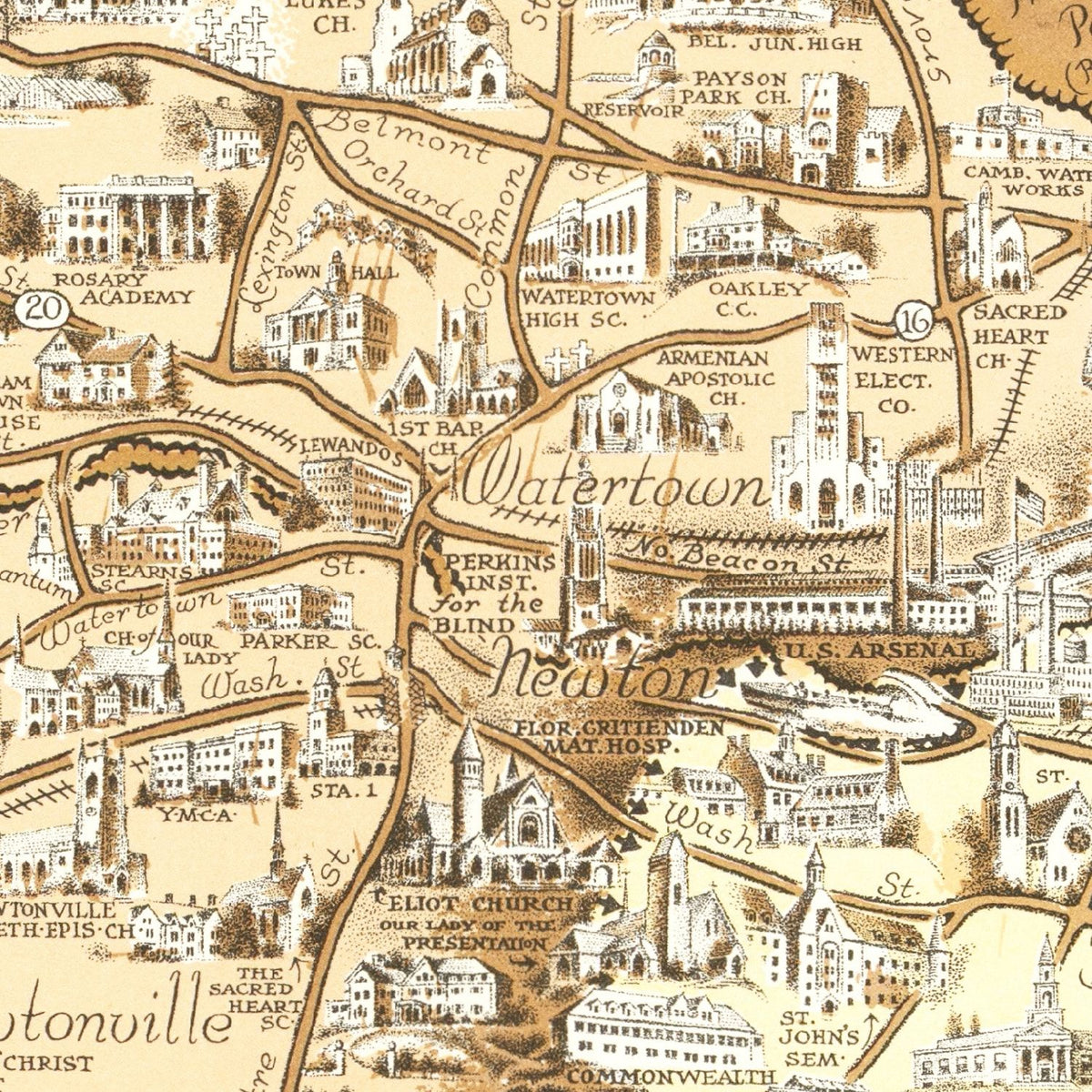Restored historic details from the 1938 city map of Boston, Massachusetts