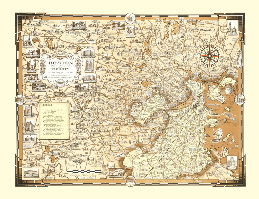 Vintage Pictorial Map of Boston, MA 1938 print style example