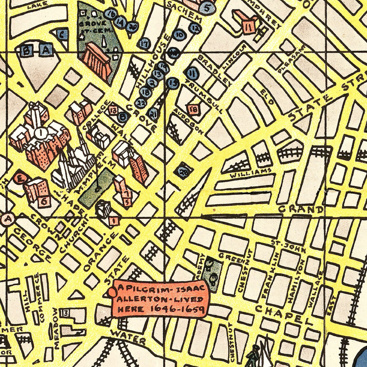 Restored historic details from the 1928 city map of New Haven, Connecticut