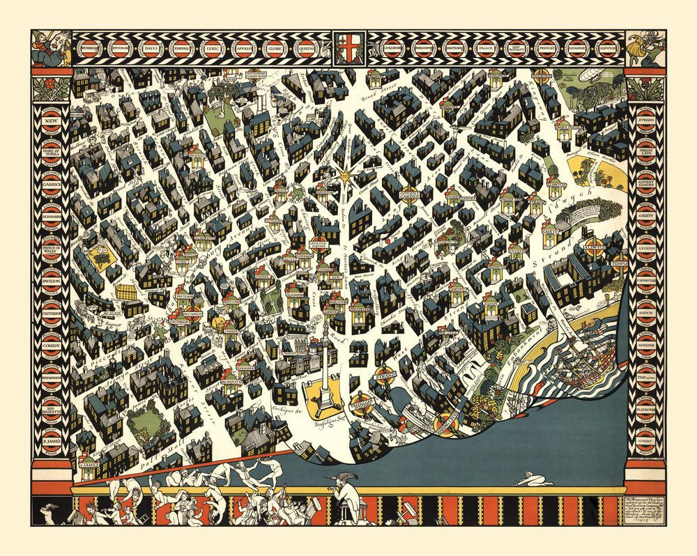 Vintage Map of London Theater District, England 1915 print style example