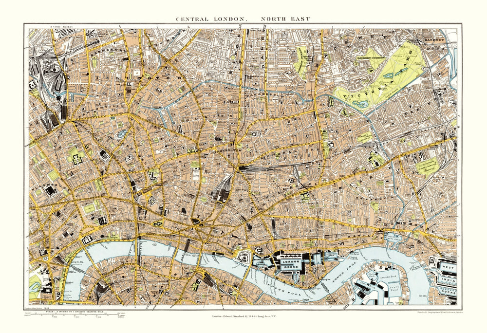 Vintage Map of Central & Northeast London, England 1904 print style example