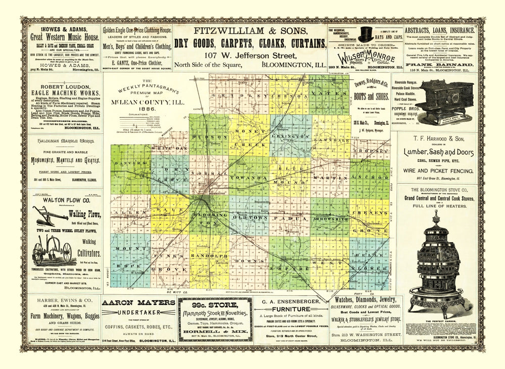 Vintage Map of McLean County, Illinois 1886 print style example