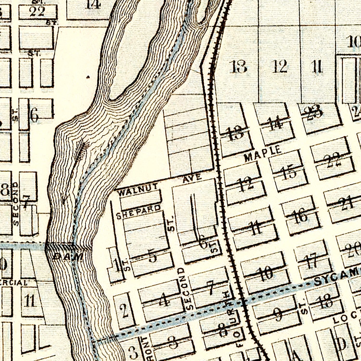 Restored historic details from the 1875 city map of Des Moines, Iowa