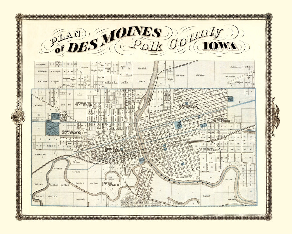 Vintage Map of Des Moines, Iowa 1875 print style example