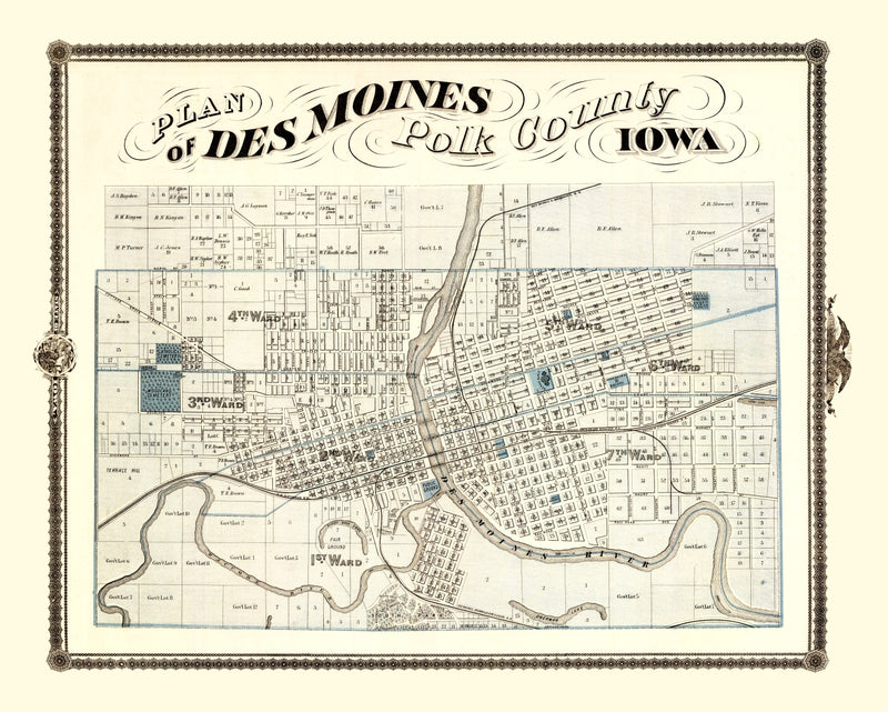 Size comparison using Vintage Map of Des Moines, Iowa 1875