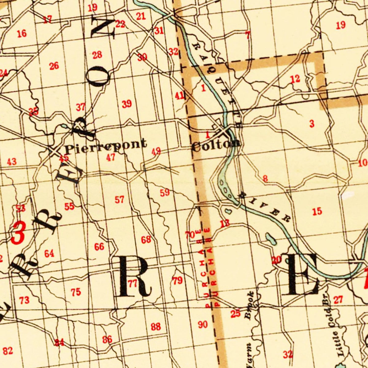 Restored historic details from the 1895 county map of St Lawrence County, New York