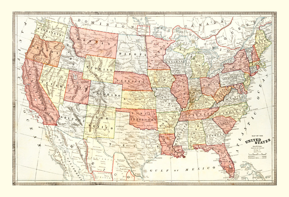 Vintage Map of United States 1883 print style example