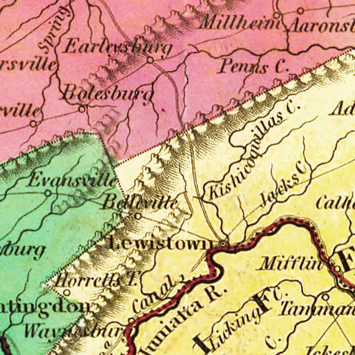 Restored historic details from the 1831 state map of County, Pennsylvania