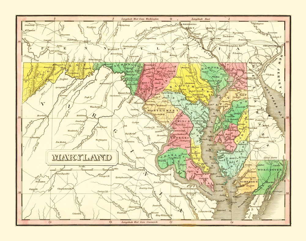 Vintage Map of Maryland 1831 print style example