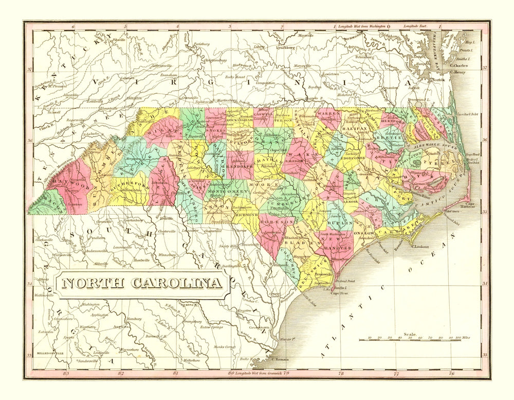 Vintage Map of North Carolina 1831 print style example