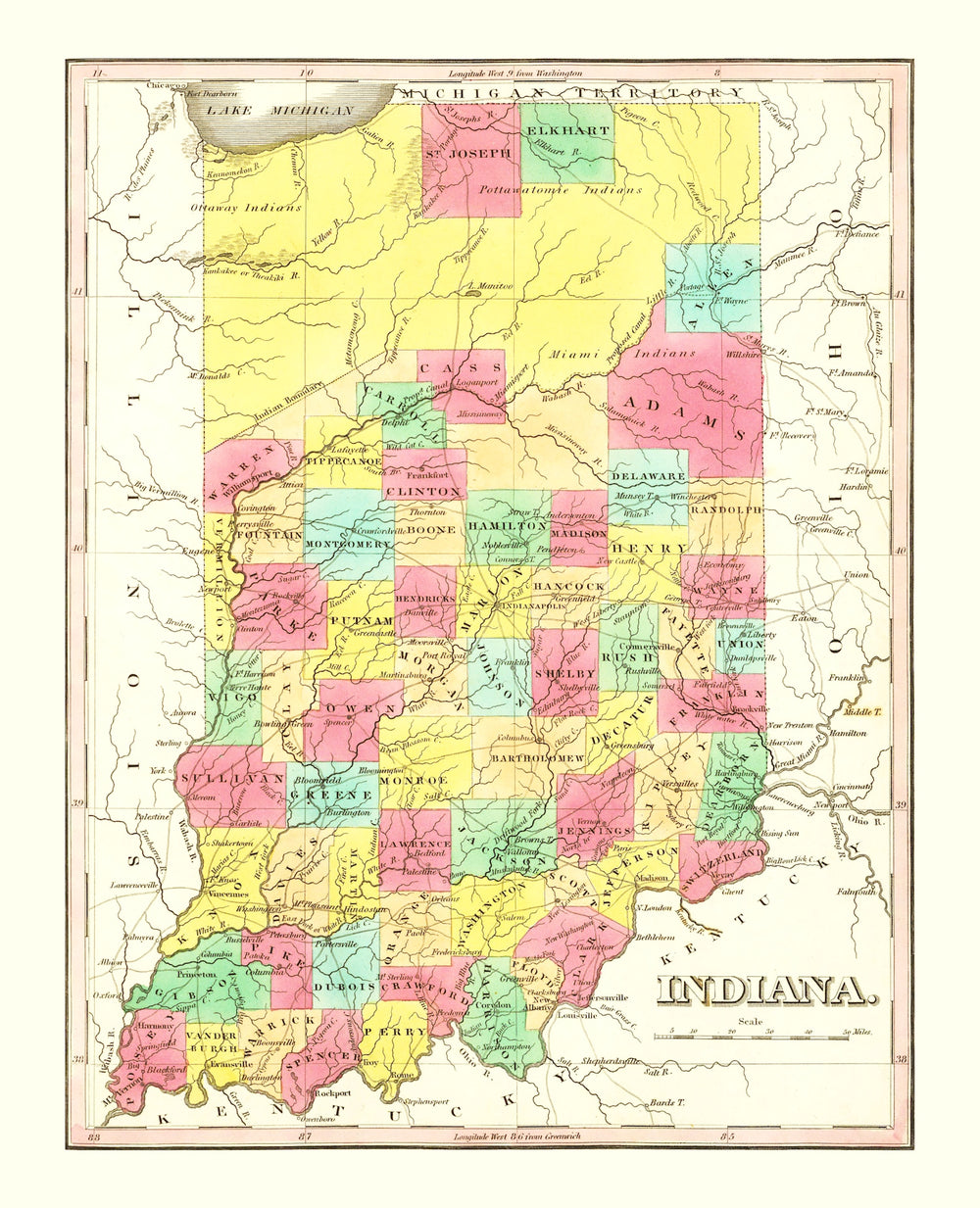 Vintage Map of Indiana 1831 print style example