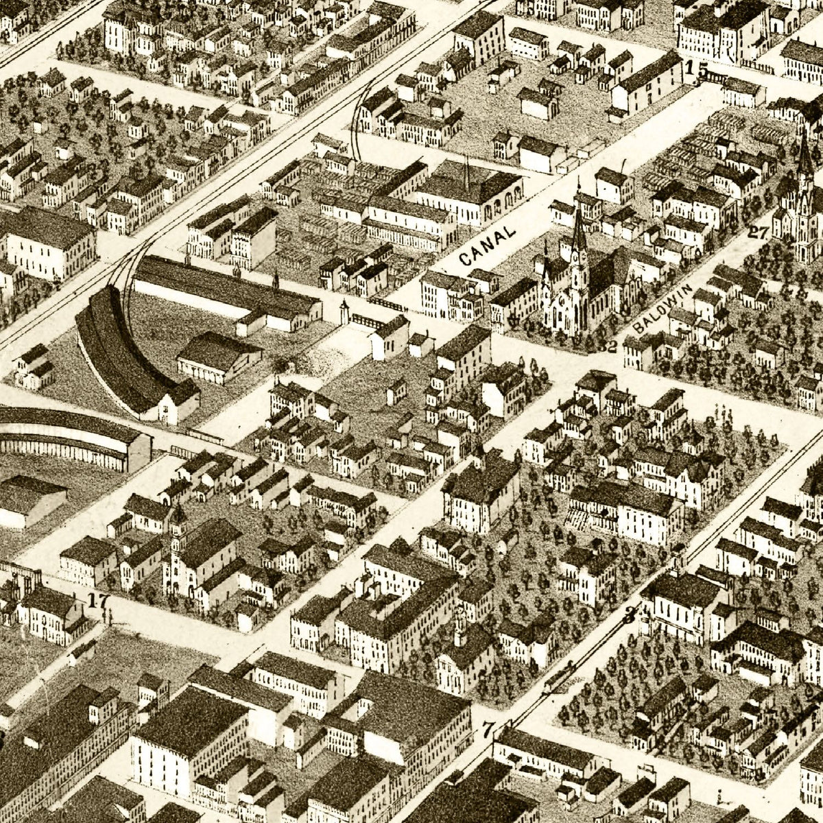 Restored historic details from the 1873 city map of Elmira, New York