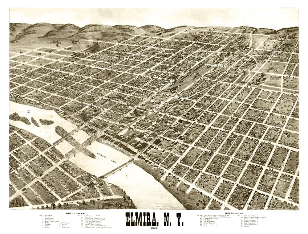 Vintage Map of Elmira, New York 1873 print style example