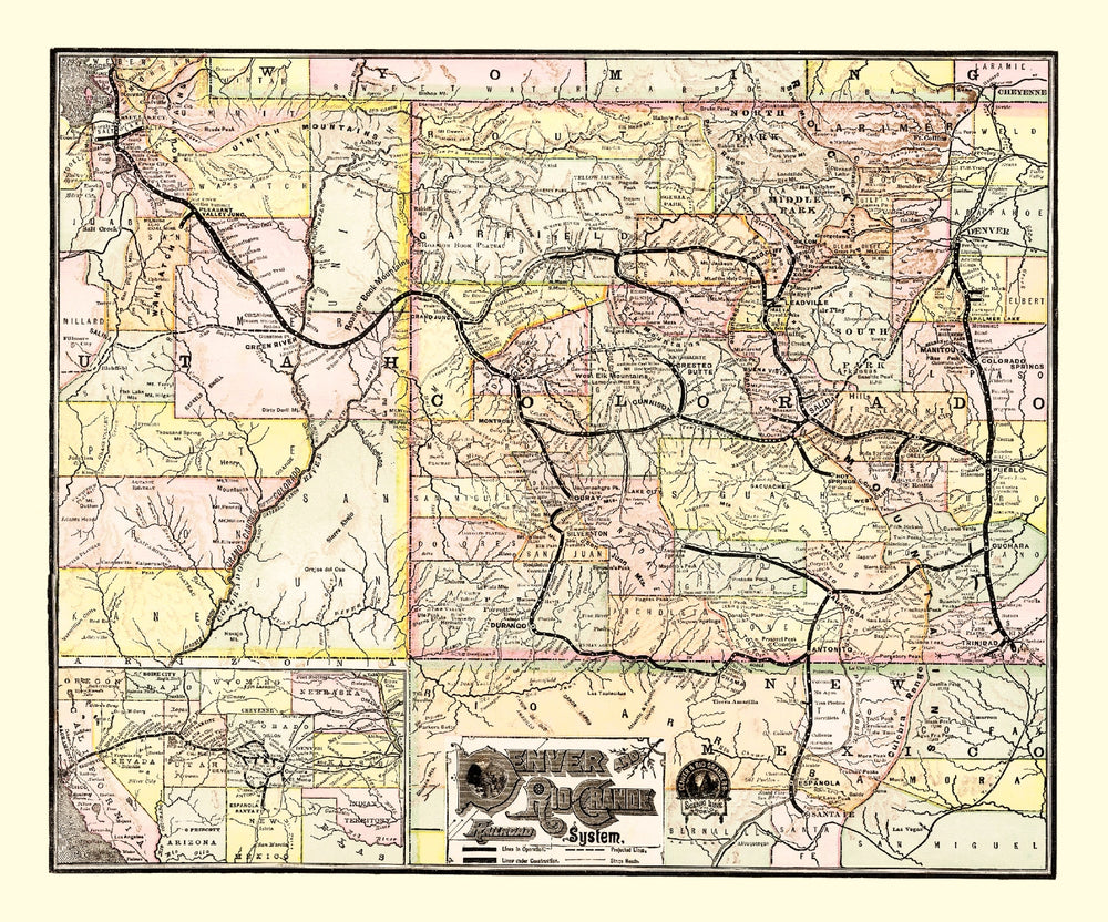 Vintage Map of Denver & Rio Grande Railroad System 1883 print style example